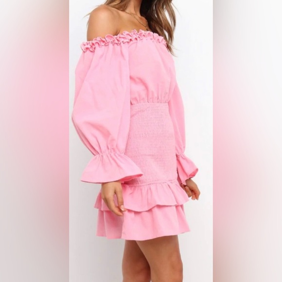 Woman’s Petal & Pup Pink Off-the-Shoulder Smocked Ruffle Mini Dress Size Medium - Picture 6 of 8